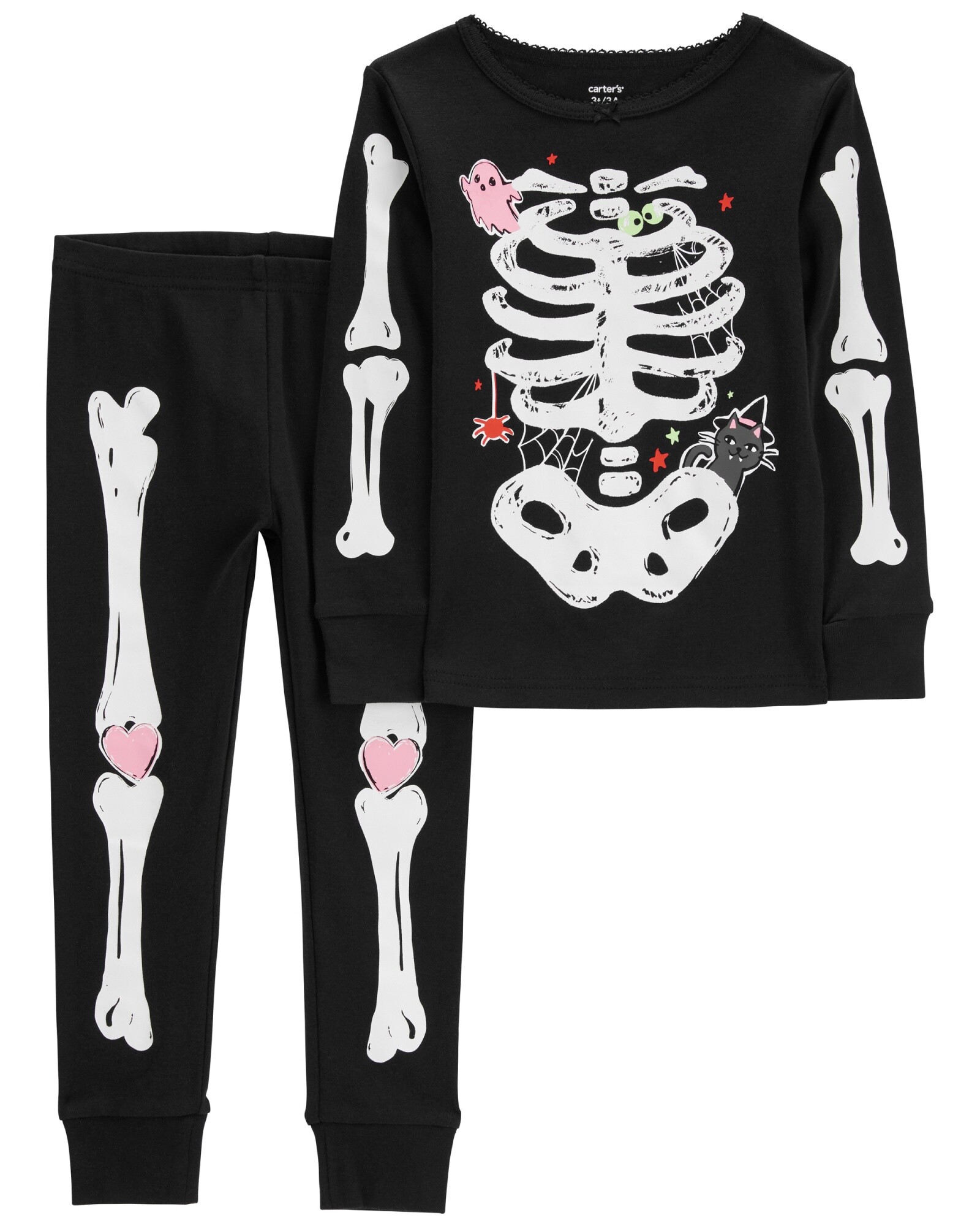 Pijama dos piezas de algodón, diseño esqueleto resplandeciente con fantasma y gato de Halloween. Talles 2-5T Sin color