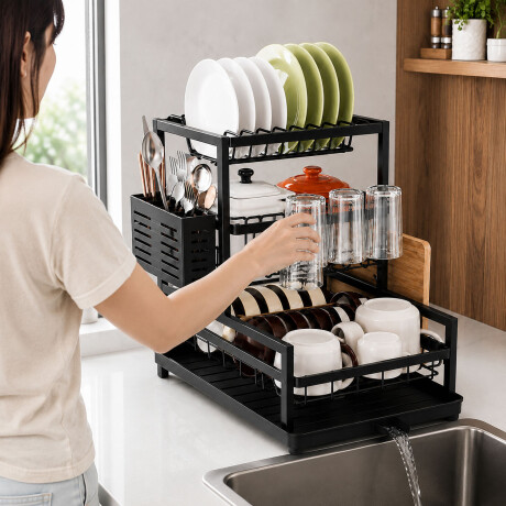 Escurridor Platos 3 Pisos Drenaje Automatico Porta Cubiertos Negro