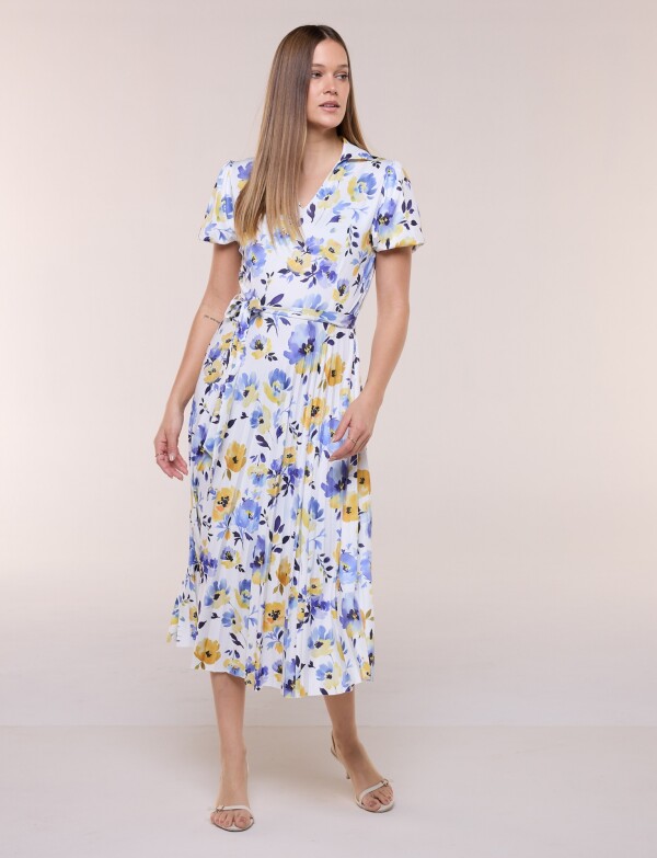 Vestido Midi Estampado Floral Con Lazo BLANCO/MULTI