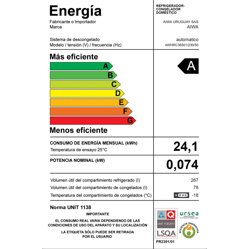 Heladera AIWA 345 L Frío Seco con Dispensador de Agua | AWHRC36501 Heladera AIWA 345 L Frío Seco con Dispensador de Agua | AWHRC36501