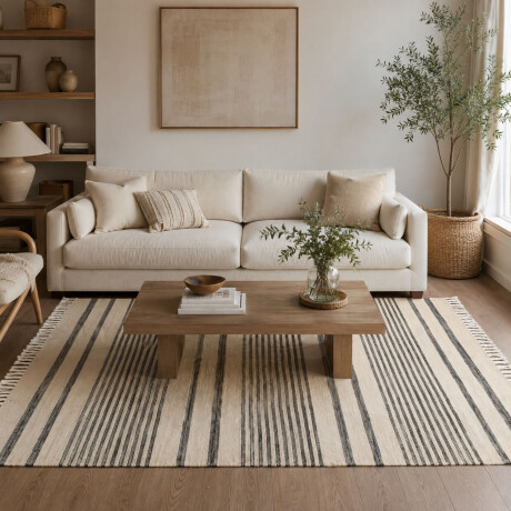 Alfombra Grande Estilo Líneas Moderna Con Flecos Natural