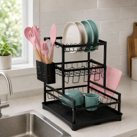 Set Utensilios Cocina 19Pz + Escurridor 3Niv. Drenaje Autom. Rosa