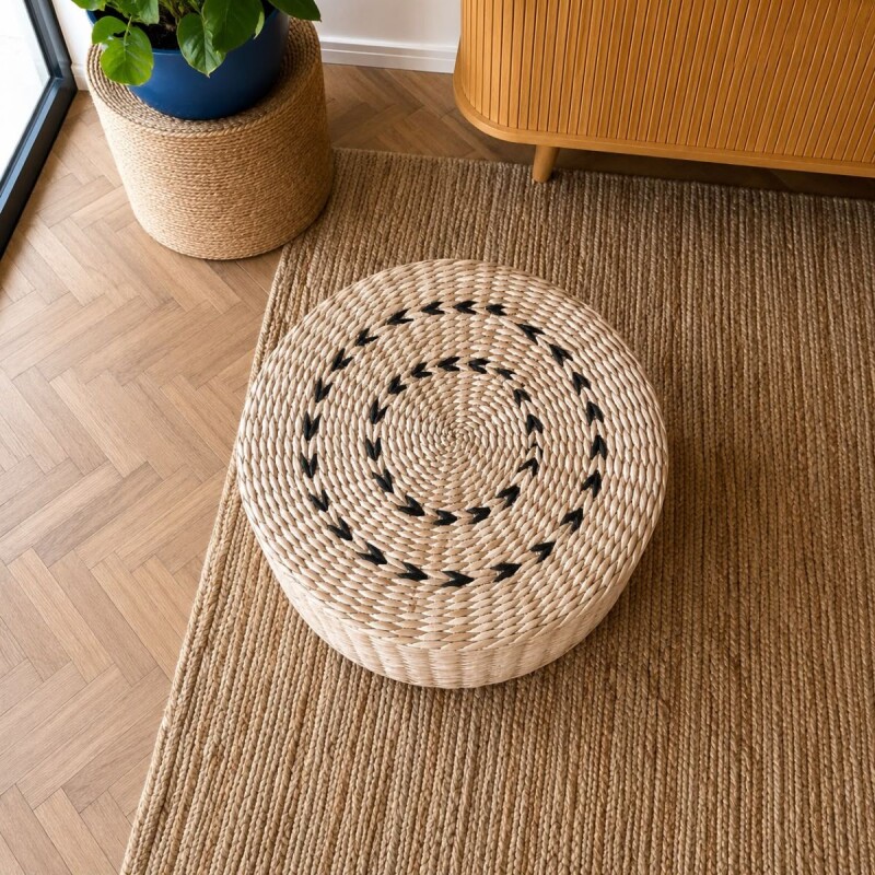 Puff almohadón de piso circular ratán Diámetro 40cm y 20cm altura Negro