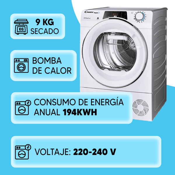 Secarropas Candy 9kg Roe H9a3te-s Inverter Outlet OLT SECARROPAS CANDY ROEH9A3TES A10