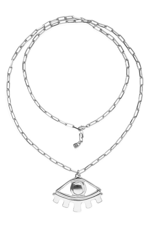 COLLAR LARGO DE ALEACIÓN DE METALES BAÑADO EN PLATA DE LEY CON DETALLE DE OJO GRANDE Colgante