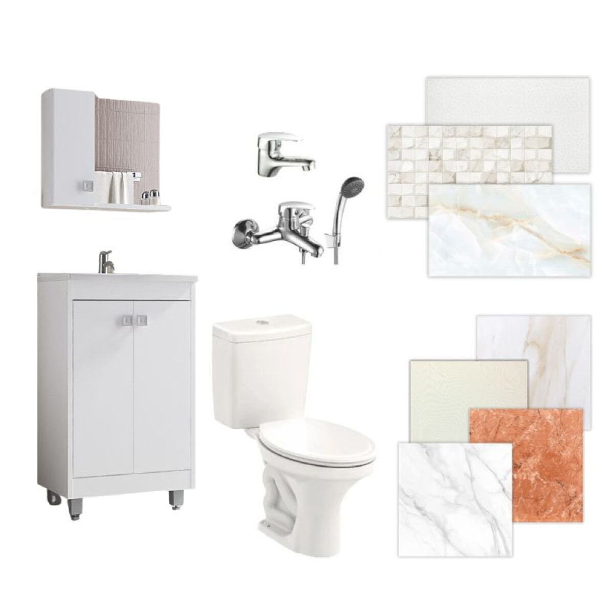 BAÑO COMPLETO N°2 INODORO CON MOCHILA + MUEBLE DE BAÑO 45 CM CON ESPEJO + GRIFERIA + CERAMICA DE PISO Y PARED 