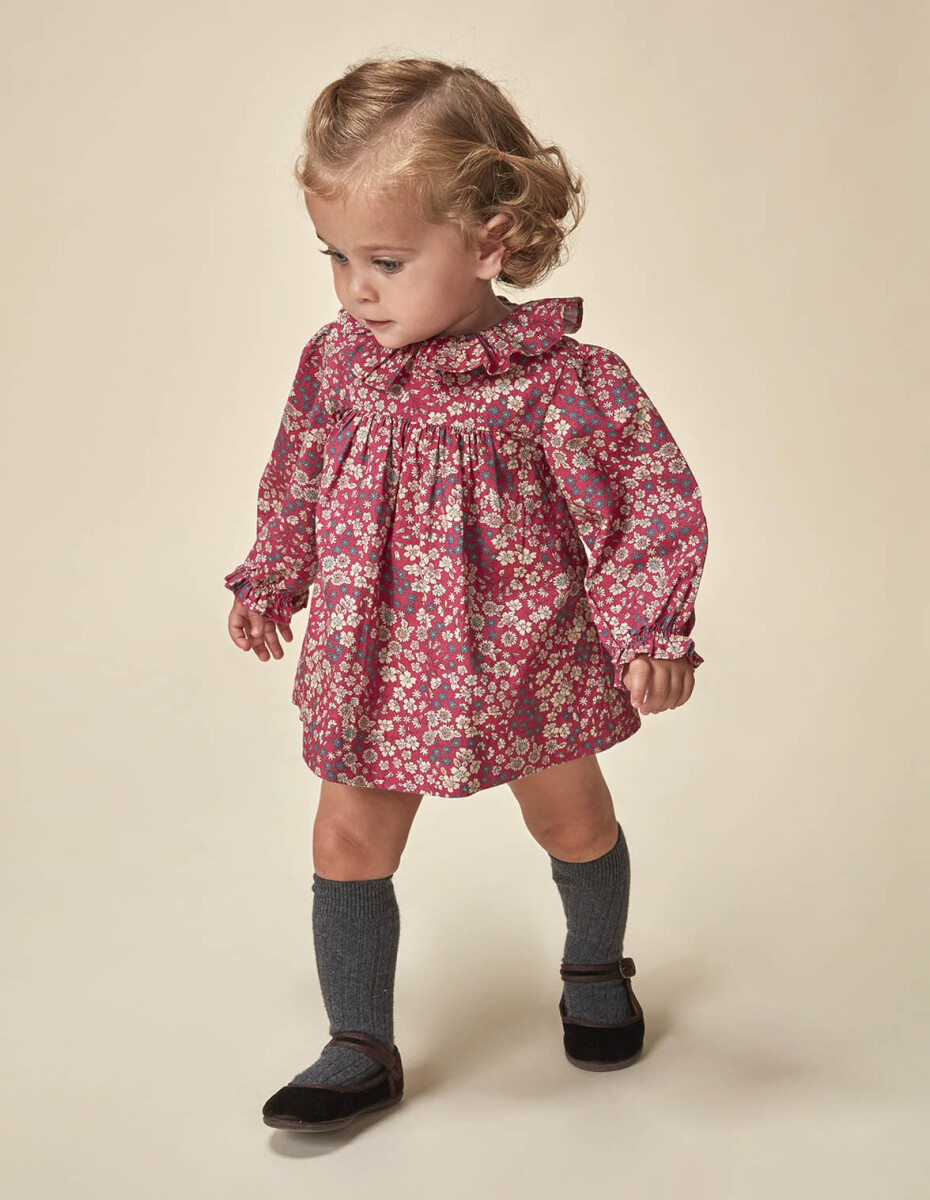 Vestido De Flores Con Cuello Volante Y Lazo Rosa - Rosa Maquillaje 
