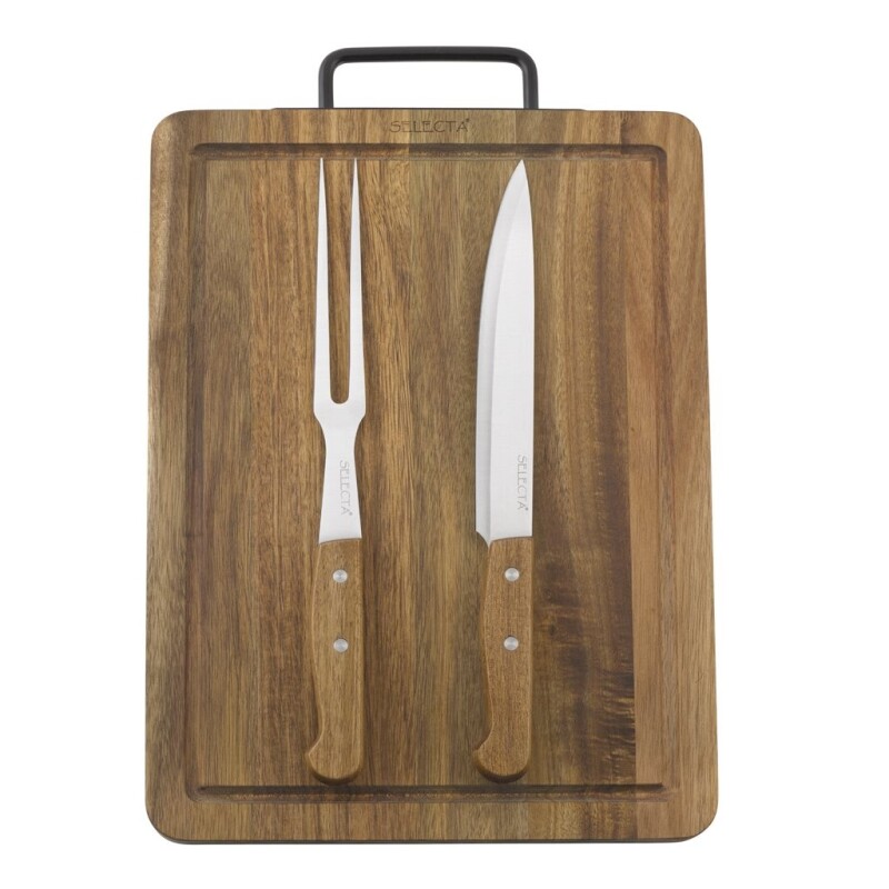 Set Parrillero Selecta con Tabla de Madera, Cuchillo y Tenedor – 3 Piezas SET TABLA MADERA + CUCHILLA + TENEDOR 38X28X2CM