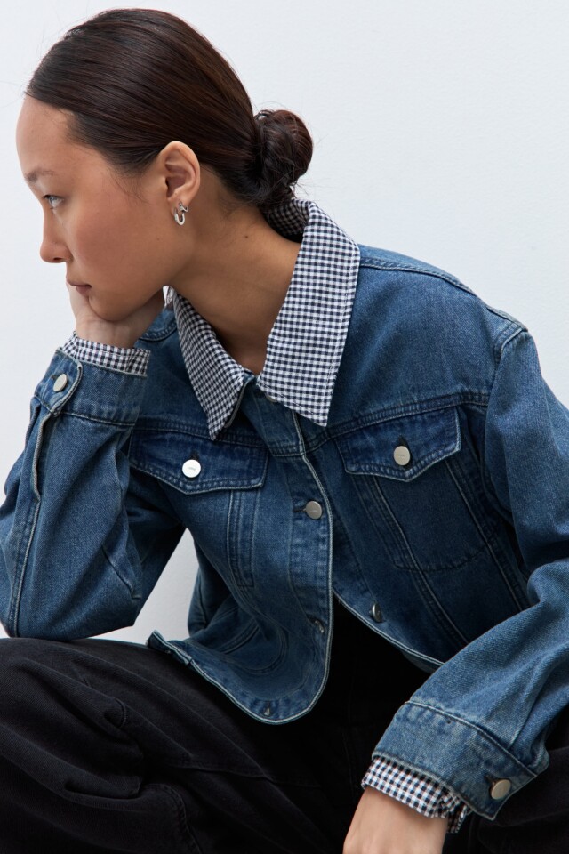 Chaqueta de jean con Vichy jean medio