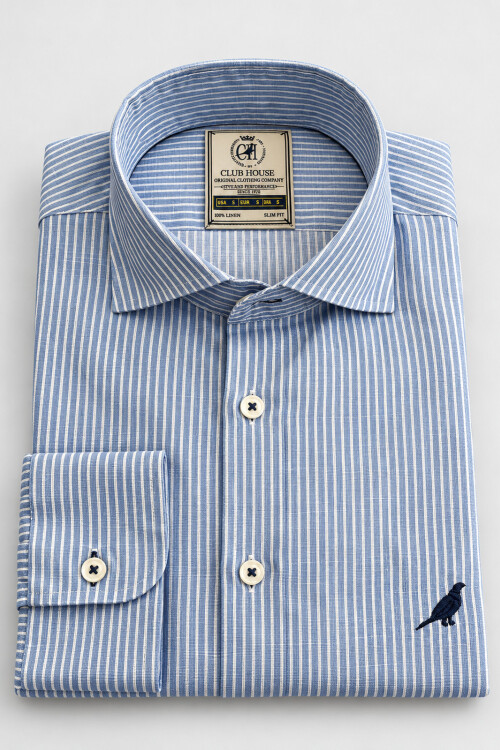 Camisa Lino Hudson Collar Rayas Azul Oxford