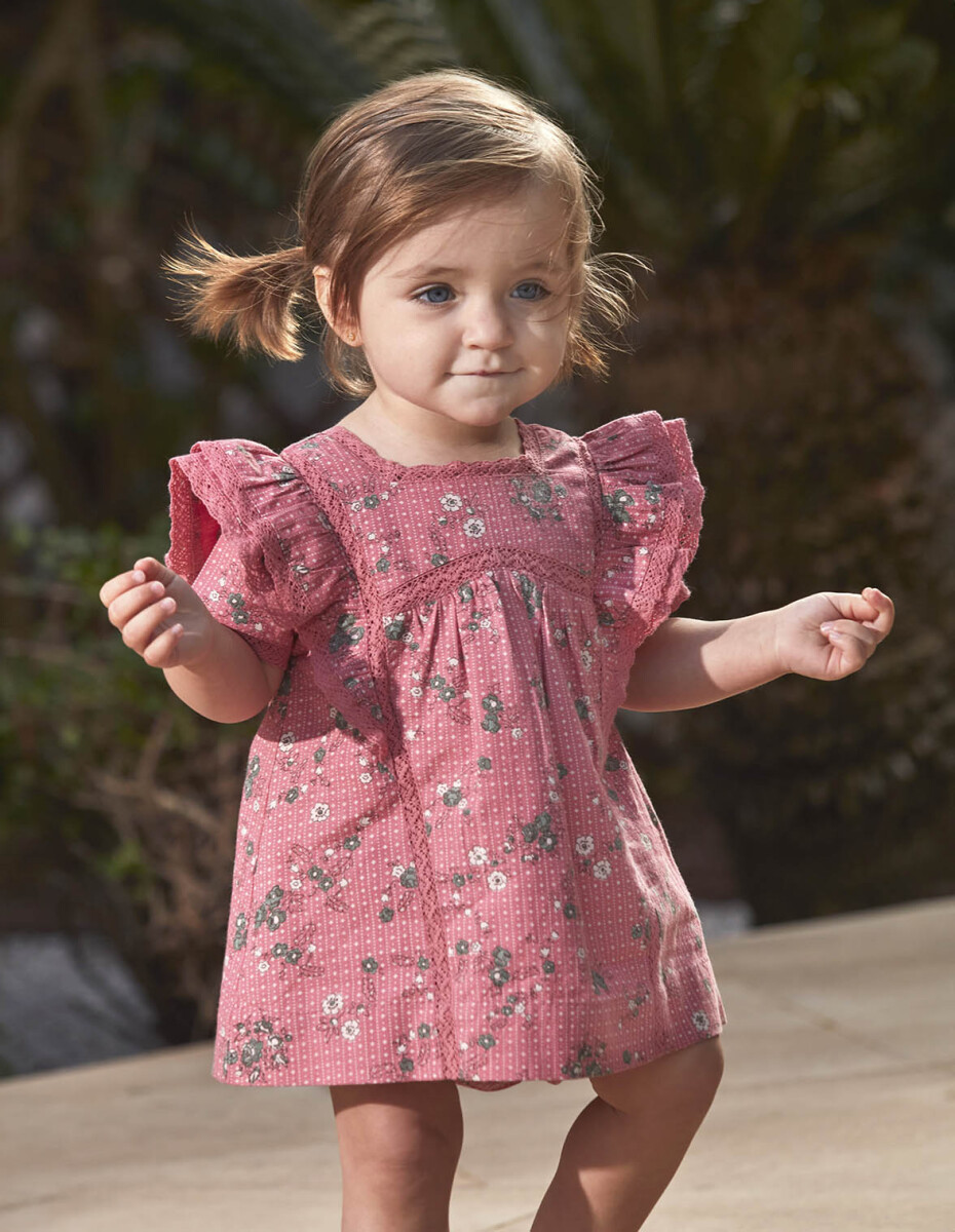 Vestido Estampado De Flores Con Volantes - Rosa 