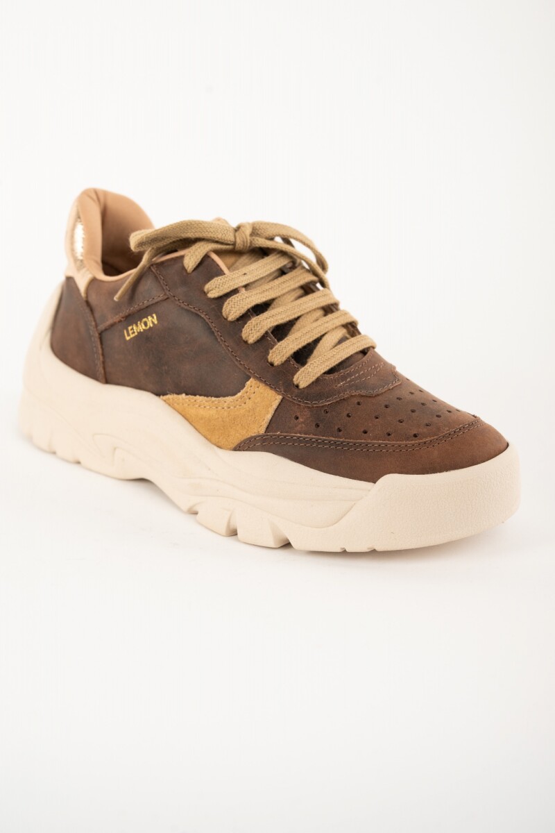 Zapatilla Cuero Combinada Marrón