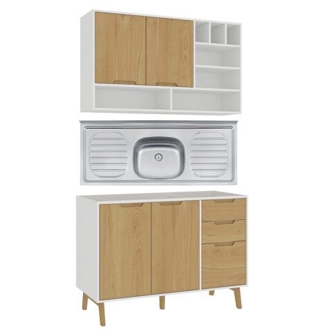 Combo de Cocina Wood Melilla Bajo Mesada Pileta Central y Aéreo con Piezas de Madera - Blanco Combo de Cocina Wood Melilla Bajo Mesada Pileta Central y Aéreo con Piezas de Madera - Blanco