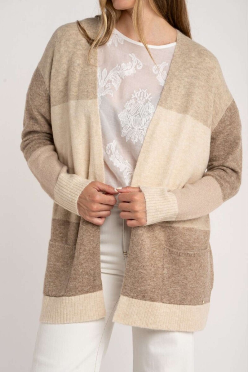 Cardigan Rayado Color Block - Beige Melange 