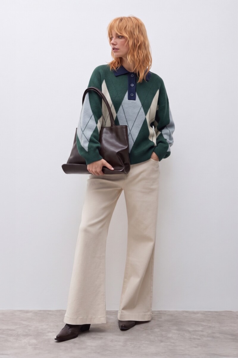 Sweater rombos cuello polo verde ingles