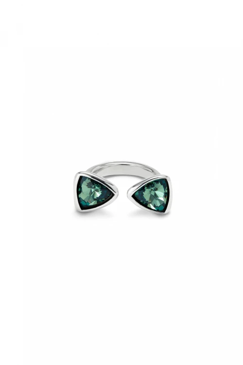 ANILLO EN ALEACIÓN DE METALES BAÑADO EN PLATA DE LEY CON DOS CRISTALES VERDES Anillo
