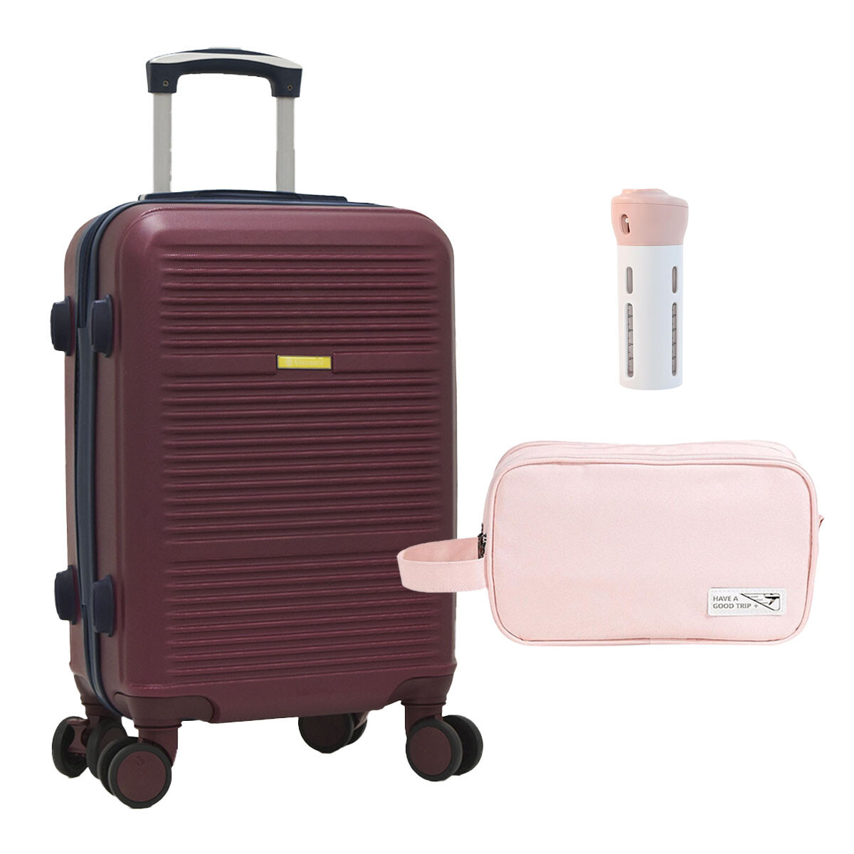 Set Viaje Valija Grande Rígida + Neceser + Dispensador 4 Bot - Bordó 