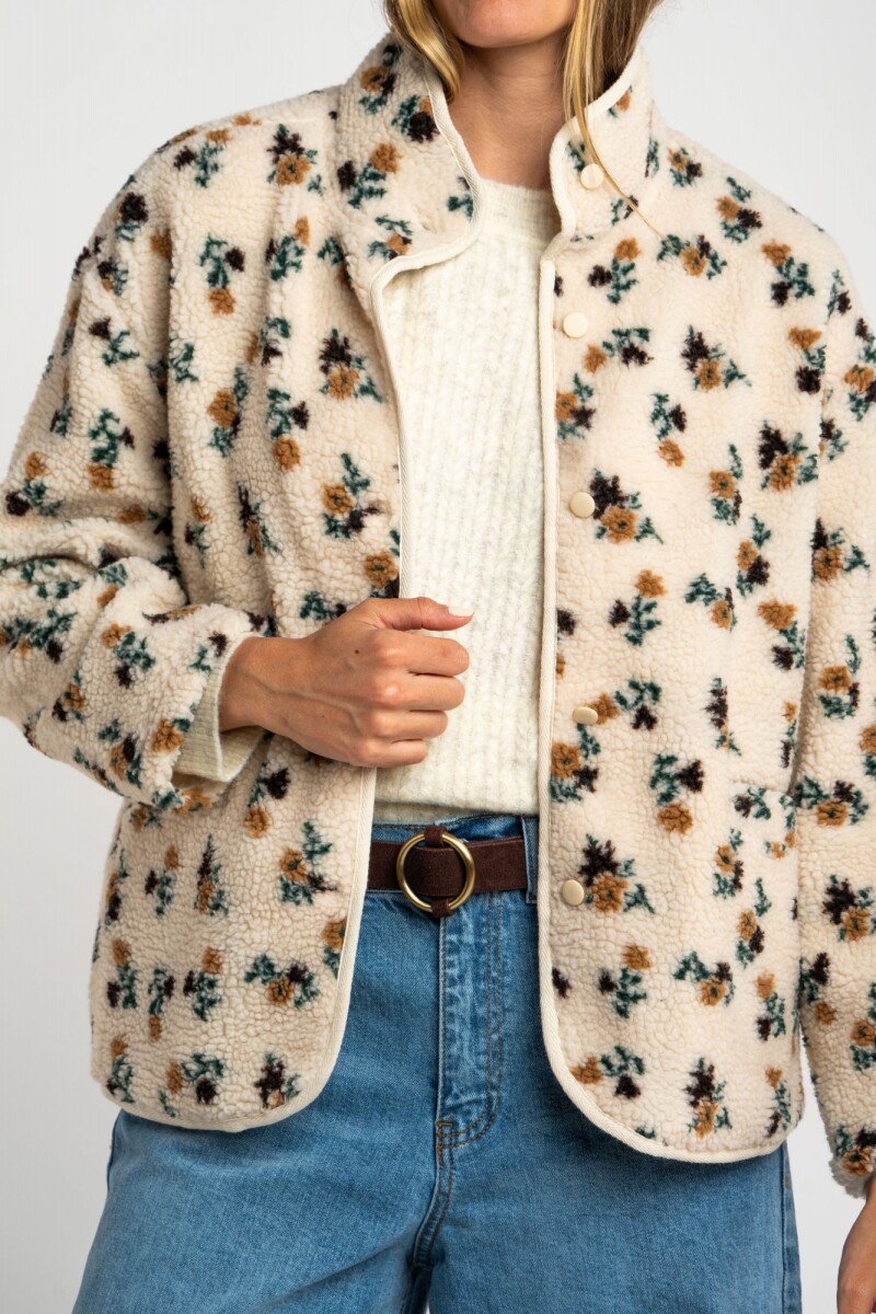 Campera Corderito Estampada Flores Nácar