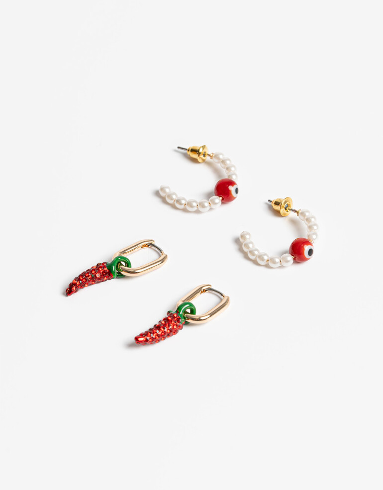 Aros Argollas Set Perla Set De Aros De Pimiento Y Ojito Turco - Blanco Crudo