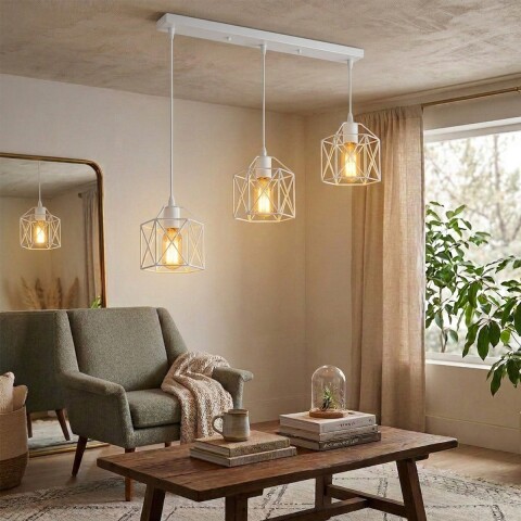 Lampara De Techo Colgante De 3 Luces Jaula Metal Moderna IMBACK Color Blanco Lampara De Techo Colgante De 3 Luces Jaula Metal Moderna IMBACK Color Blanco