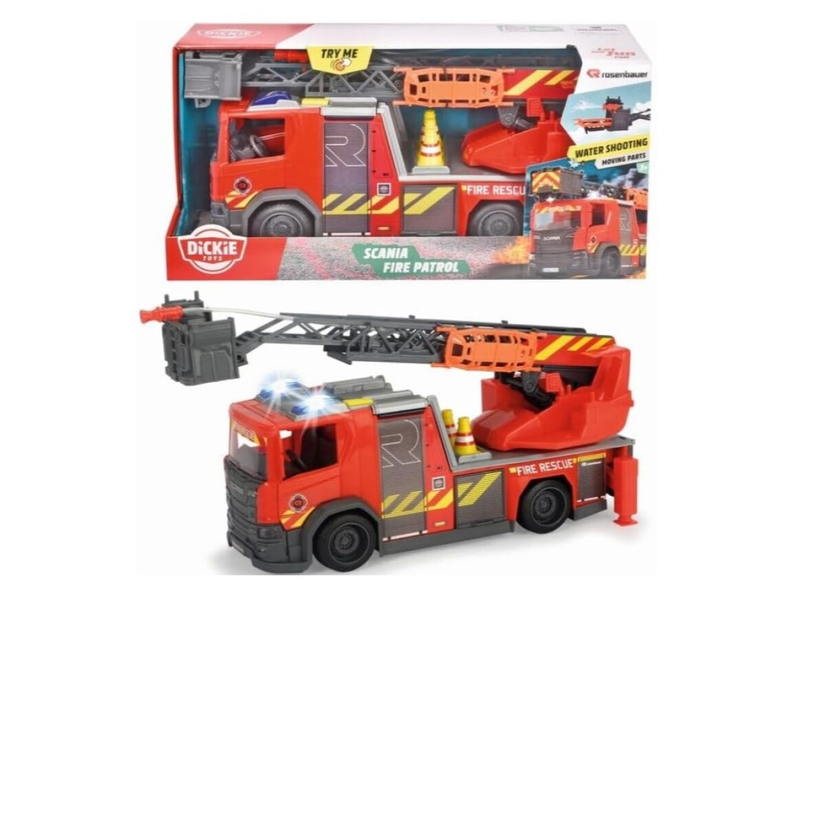 Dickie camion de bomberos Scania, rueda libre, luz, sonido + 