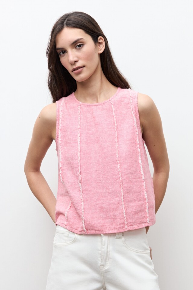 Blusa lino detalle desflecado rosado melange