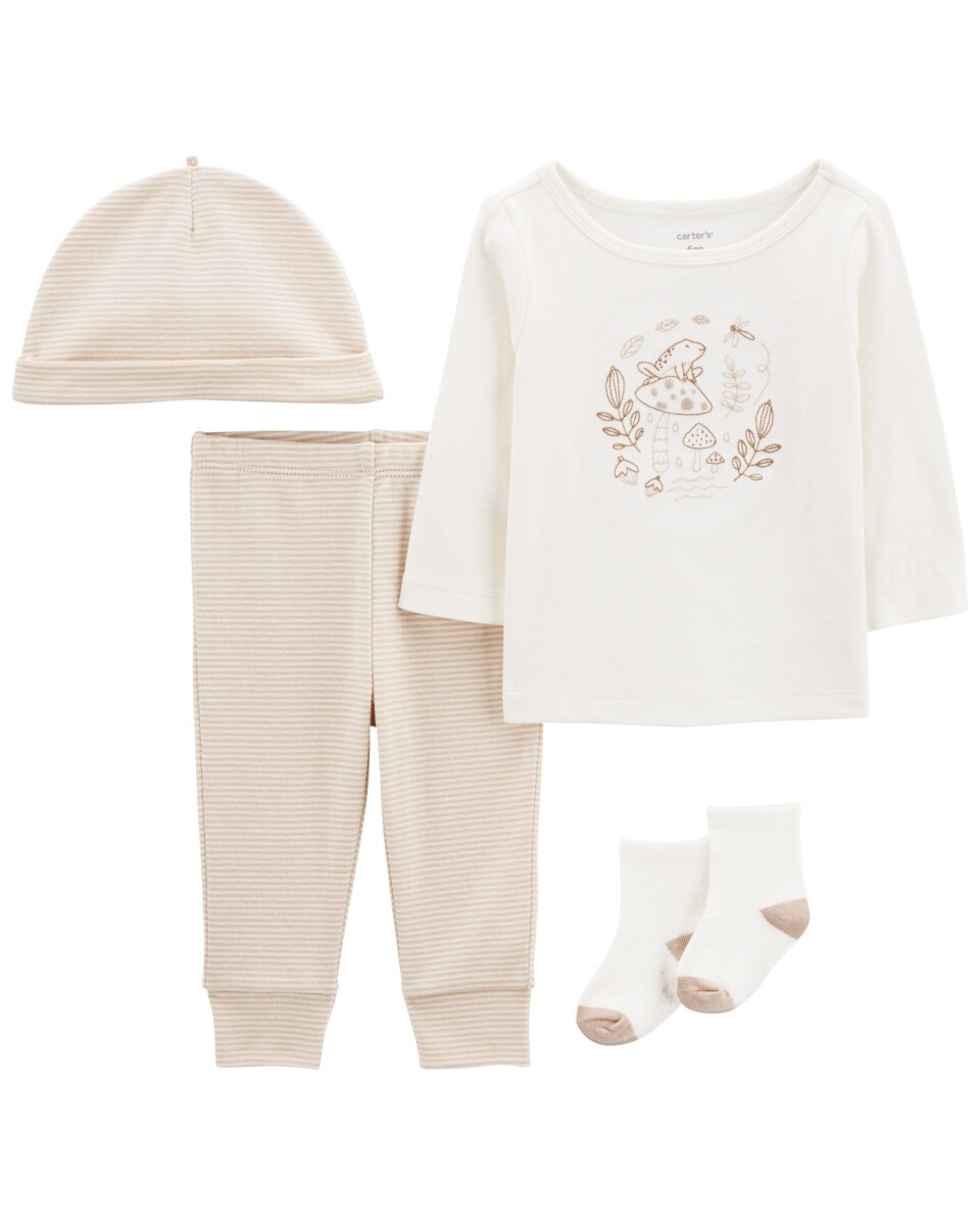 Set cuatro piezas pantalón, remera, gorro y medias de algodón 