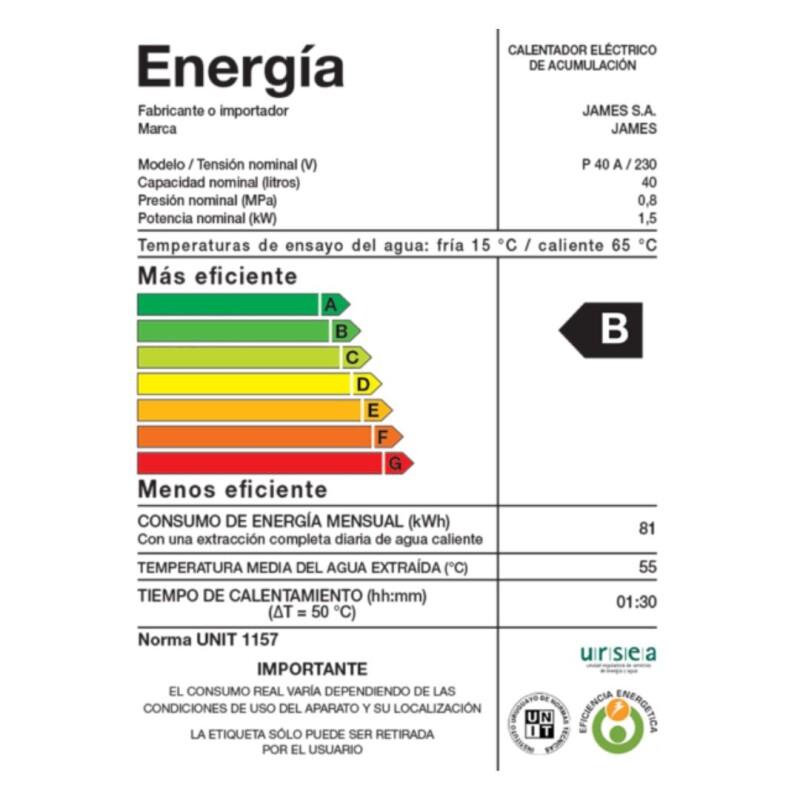 Calefón James 40 LITROS Cilíndrico Acero Calefón James 40 LITROS Cilíndrico Acero