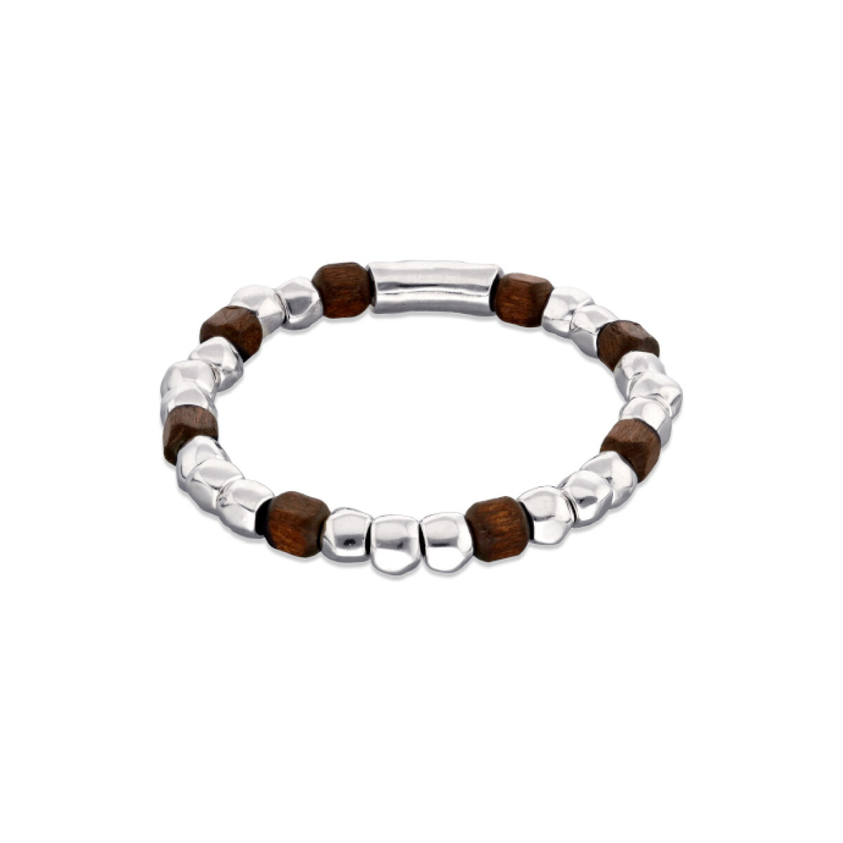 PULSERA ELÁSTICA DE CUENTAS DE ALECIÓN DE METALES BAÑADAS EN PLATA Y CUENTAS EN MADERA - Pulsera 