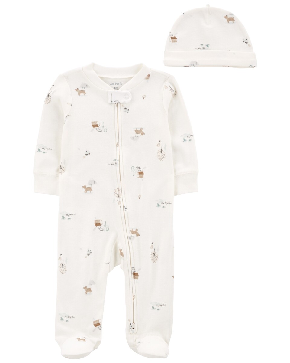 Pijama una pieza de algodón, con pie y gorro, estampado 