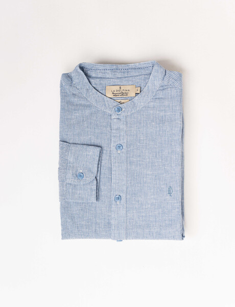 Camisa m/l lino rayada celeste