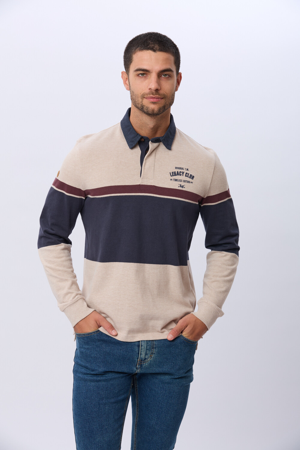 REMERA POLO RAYADA DE ALGODON Beige