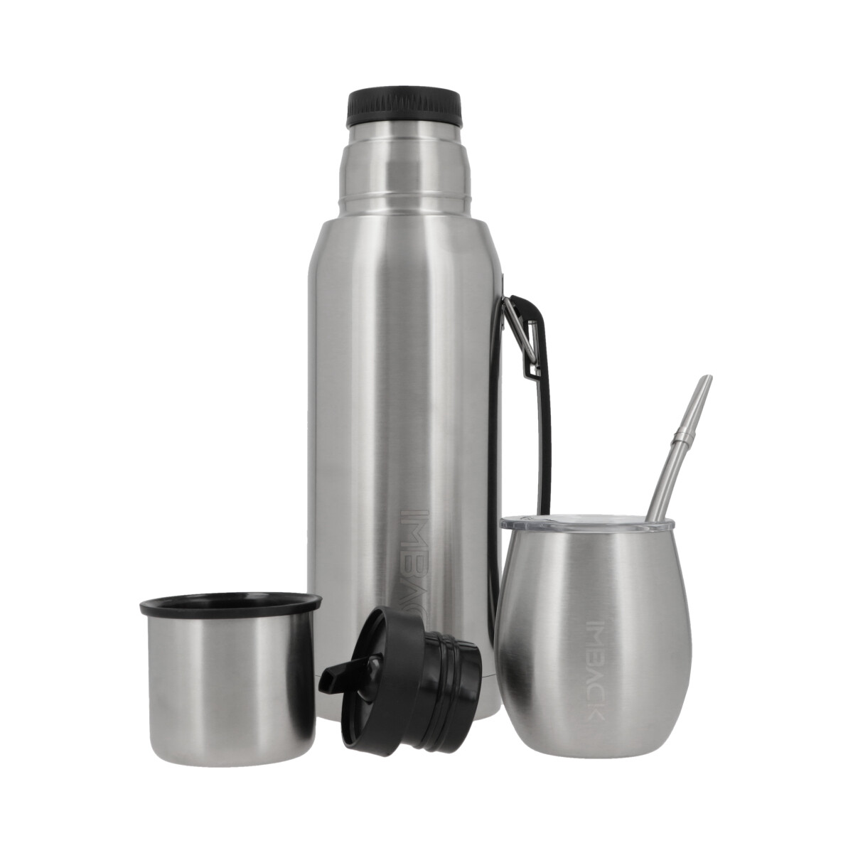 Termo 1 Litro Con Mate Acero Inoxidable Con 2 Picos Cebador Y Bombilla Imback Termico Doble Capa Plateado 
