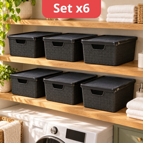 Set X6 Cajas organizadoras con tapa 16 lts NEGRO