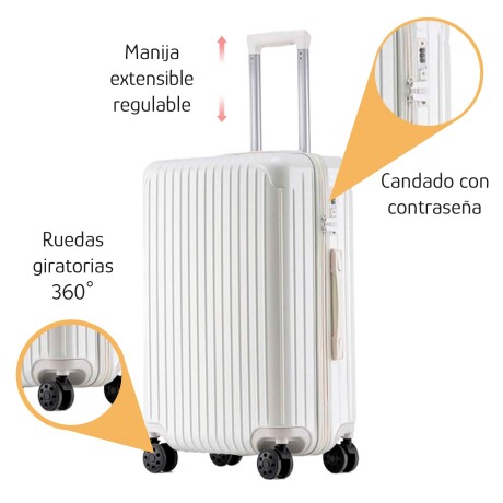 Valija Grande Rígida 4 Ruedas Giratorias c/Candado Integrado Blanco