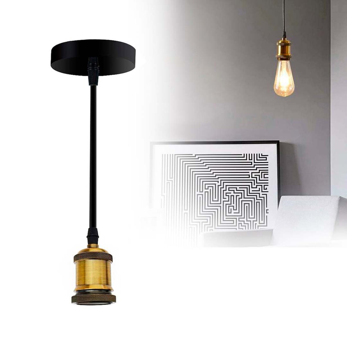 Lampara Colgante Vintage De Techo 1M Bronce C/ Base Circular - Color Negro 