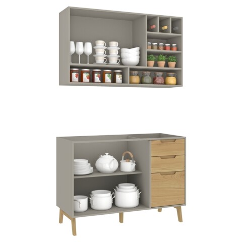 Combo de Cocina Wood Melilla Bajo Mesada Pileta Central y Aéreo con Piezas de Madera - Cinza Combo de Cocina Wood Melilla Bajo Mesada Pileta Central y Aéreo con Piezas de Madera - Cinza