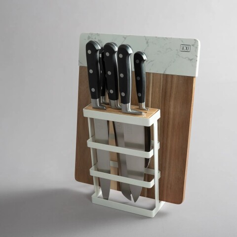 Juego de 6 Cuchillos profesionales Negro, Con Soporte Blanco y tabla de madera y mármol - Volf Juego de 6 Cuchillos profesionales Negro, Con Soporte Blanco y tabla de madera y mármol - Volf