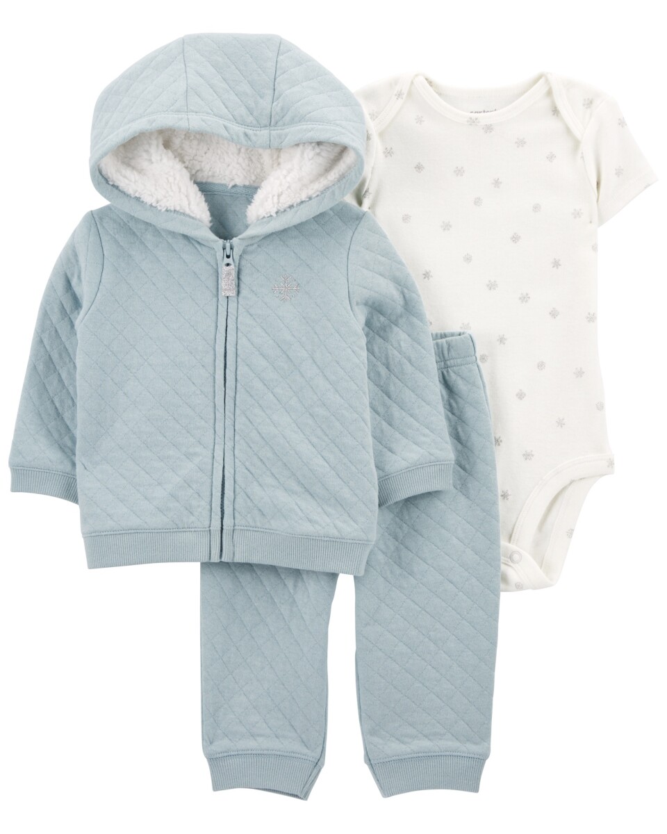 Set tres piezas de algodón, campera y pantalón capitoneados, más body, diseño copos 