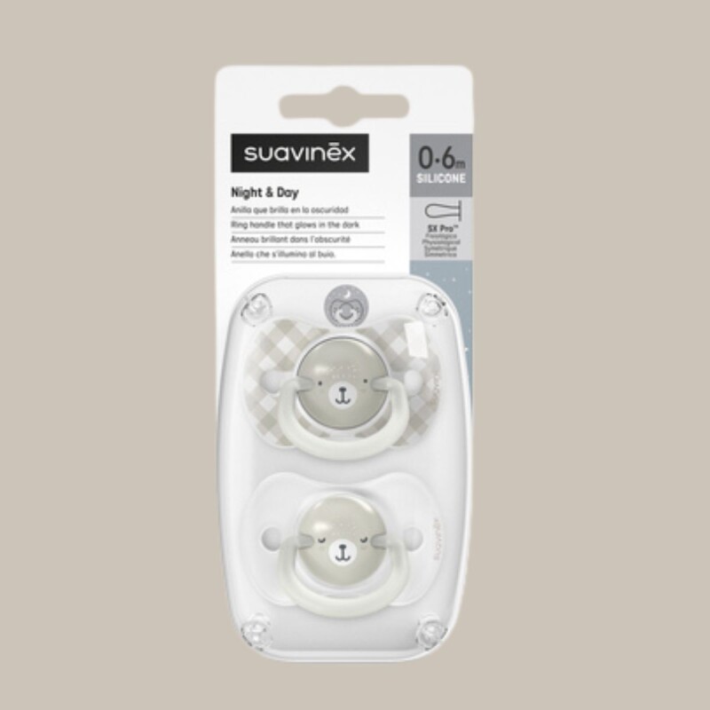 CHS+0BRILLA Set X2 Chupetes Sx Pro Fisiologicos 0 A 6 Meses Brilla En La Oscuridad Suavinex Osito Beige