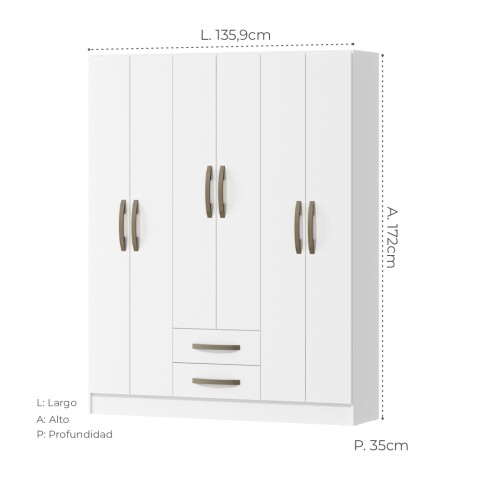 Ropero Armario 6 puertas 2 cajones con estantes y perchero interior natural 172X136X35 - Blanco Ropero Armario 6 puertas 2 cajones con estantes y perchero interior natural 172X136X35 - Blanco