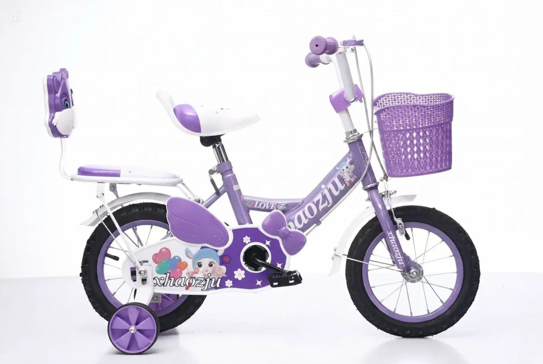 Bicicleta rodado 16 con rueditas, canasto y asiento trasero. - Lila 