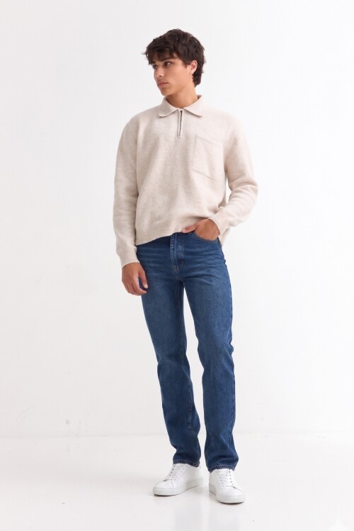 Sweater cuello polo con cierre BEIGE