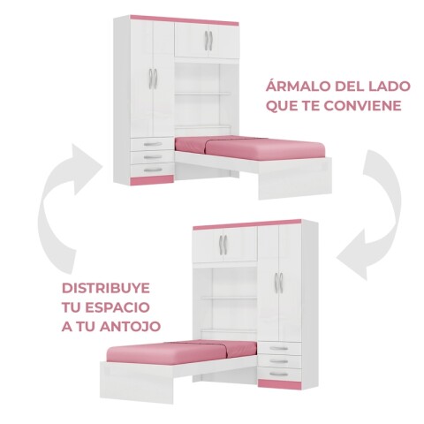 Ropero Lisboa 4 Puertas 3 Cajones con Cama Individual y Baúl - Blanco Rosa Ropero Lisboa 4 Puertas 3 Cajones con Cama Individual y Baúl - Blanco Rosa