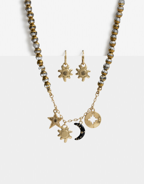 Bijouterie Set Metal Set De Argollas Y Collar Con Dijes Sol - Dorado Oro Amarillo