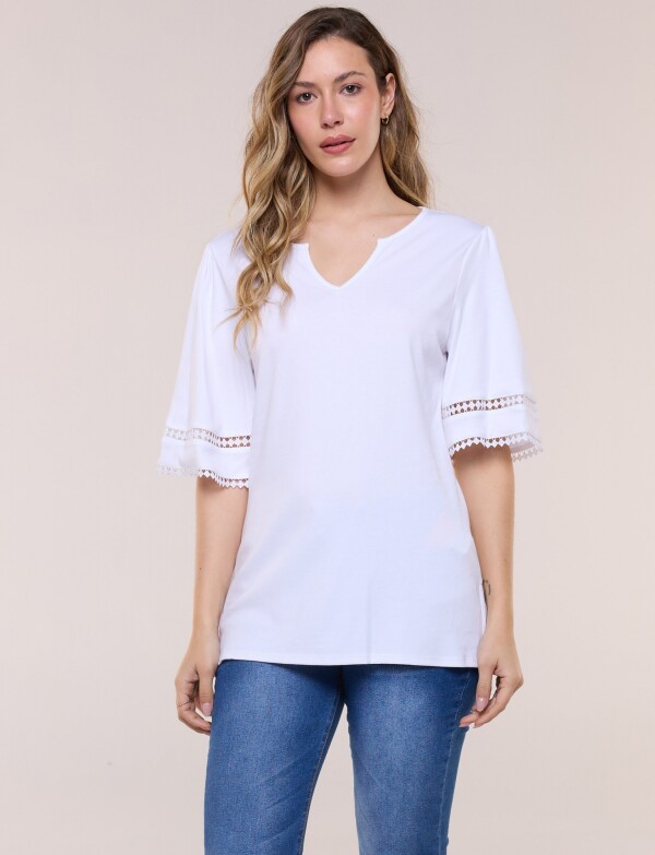 Remera De Algodón Con Detalles De Puntilla BLANCO