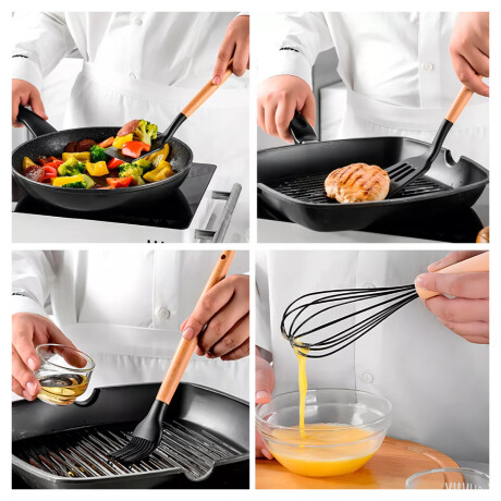 Set de utensilios de cocina 12 accesorios con soporte en ba Negro