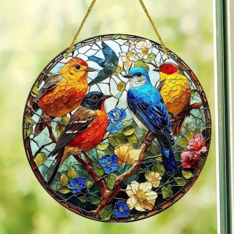 Cuadro Redondo Estilo Vitral Bandada De Aves