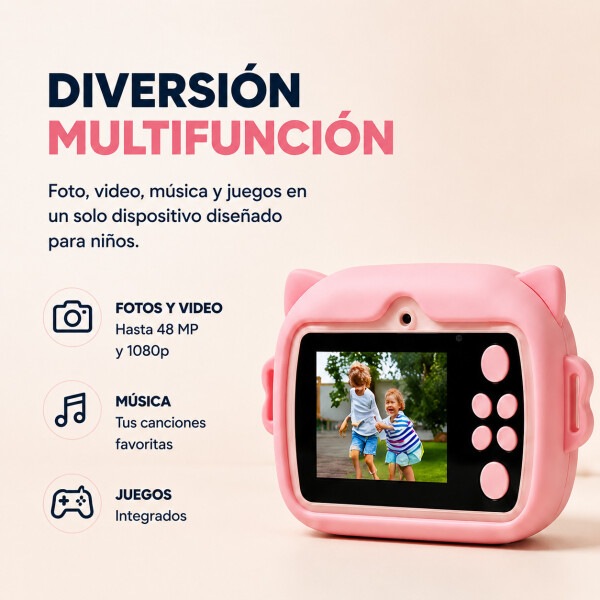 Cámara Gatito Infantil Instantánea 48MP Con Juegos Y Música Color Rosa