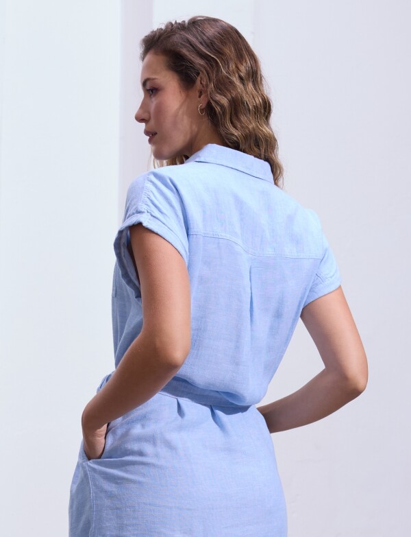 Vestido Algodon Detalle Botones CELESTE